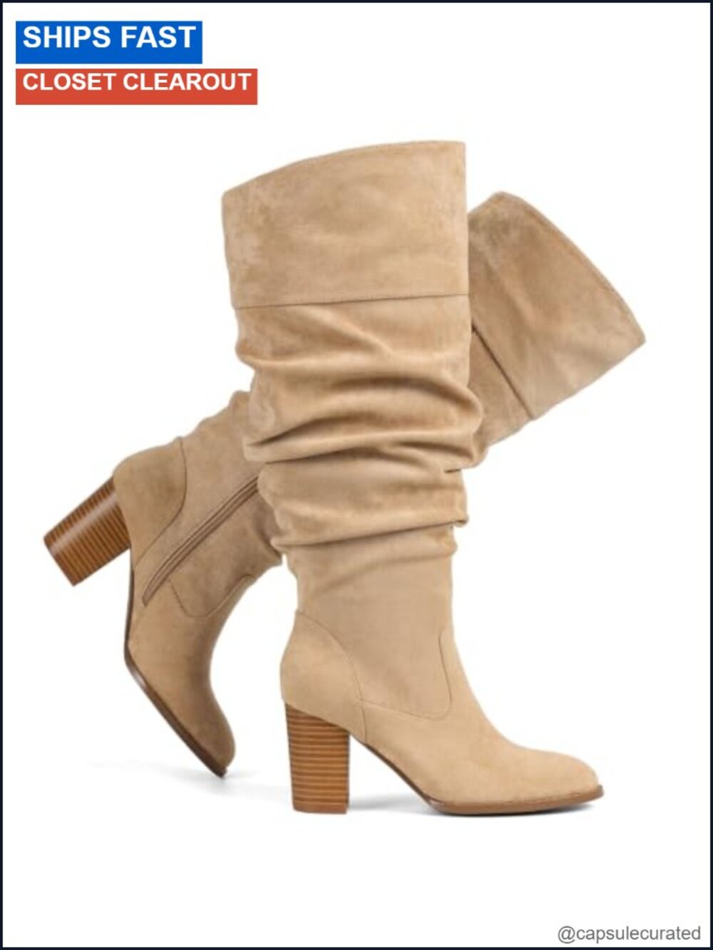 Women's Wide Calf Suede Knee High Boots with Zipper Block Heel
